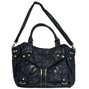 JustFab Black Faux Leather Satchel Bag with Gold Hardware